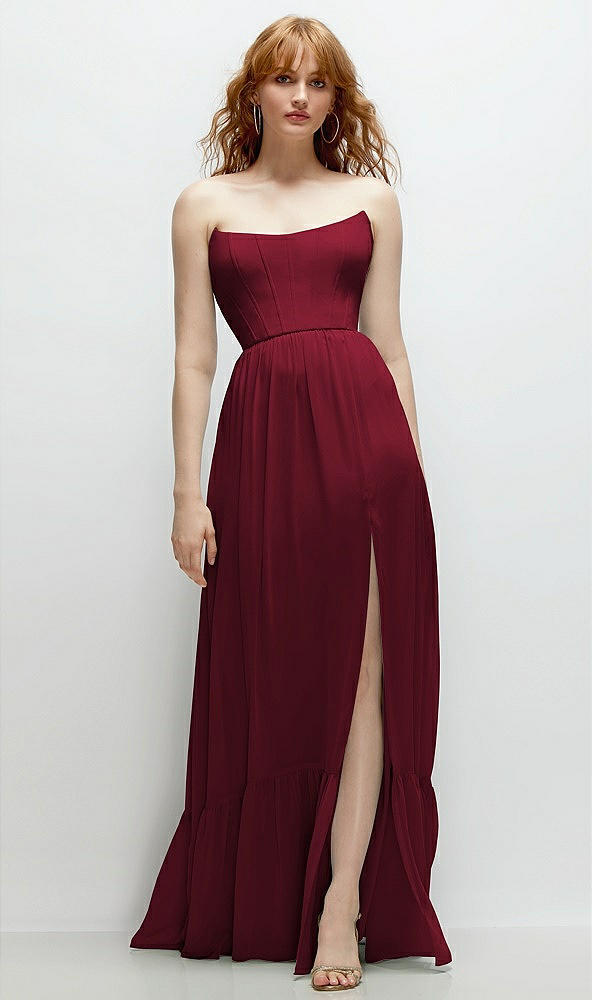 Front View - Burgundy Strapless Cat-Eye Corset Maxi Dress with Ruffle Hem A-Line Skirt