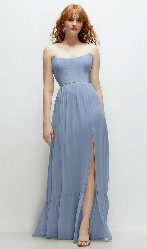 Front View - Cloudy Strapless Cat-Eye Corset Maxi Dress with Ruffle Hem A-Line Skirt