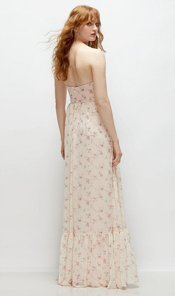 Back View - Coquette Floral Print Strapless Cat-Eye Corset Maxi Dress with Ruffle Hem A-Line Skirt