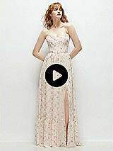 Video 1 Thumbnail - Coquette Floral Print Strapless Cat-Eye Corset Maxi Dress with Ruffle Hem A-Line Skirt