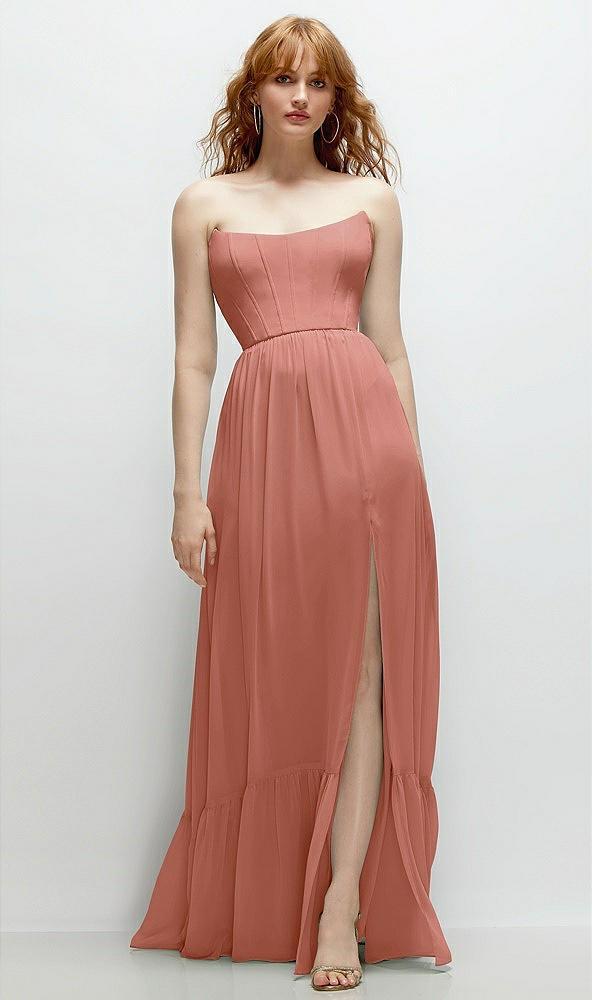 Front View - Desert Rose Strapless Cat-Eye Corset Maxi Dress with Ruffle Hem A-Line Skirt