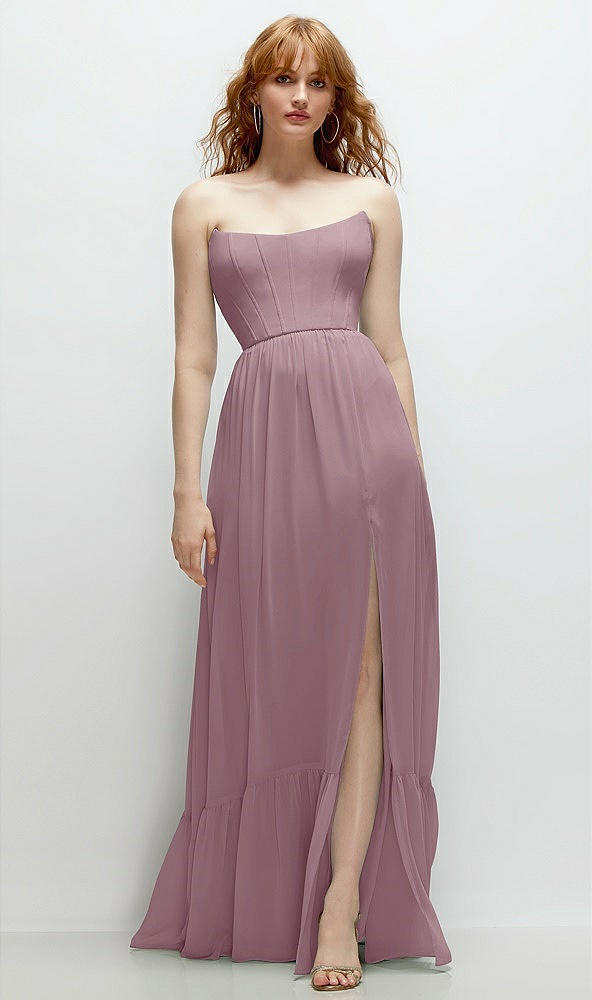 Front View - Dusty Rose Strapless Cat-Eye Corset Maxi Dress with Ruffle Hem A-Line Skirt