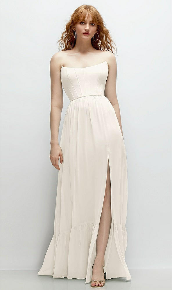 Front View - Ivory Strapless Cat-Eye Corset Maxi Dress with Ruffle Hem A-Line Skirt