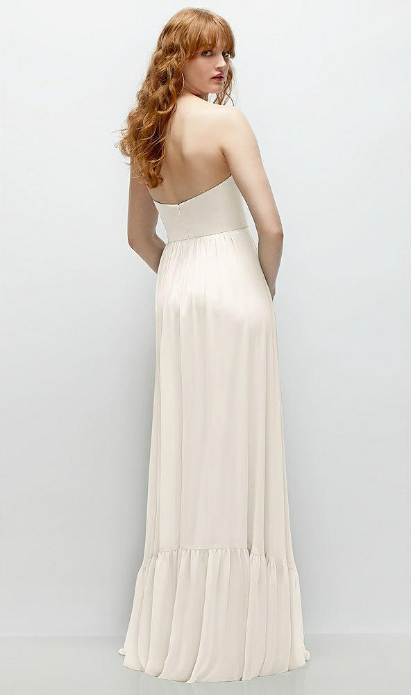 Back View - Ivory Strapless Cat-Eye Corset Maxi Dress with Ruffle Hem A-Line Skirt