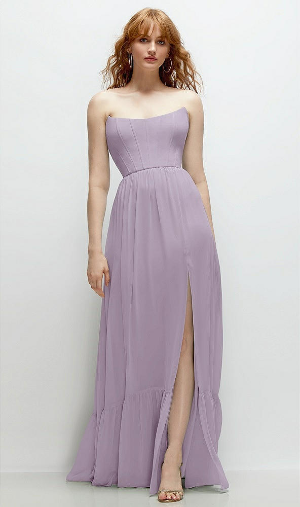 Front View - Lilac Haze Strapless Cat-Eye Corset Maxi Dress with Ruffle Hem A-Line Skirt