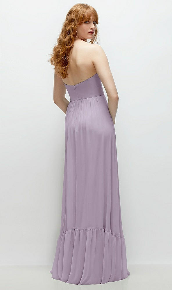 Back View - Lilac Haze Strapless Cat-Eye Corset Maxi Dress with Ruffle Hem A-Line Skirt