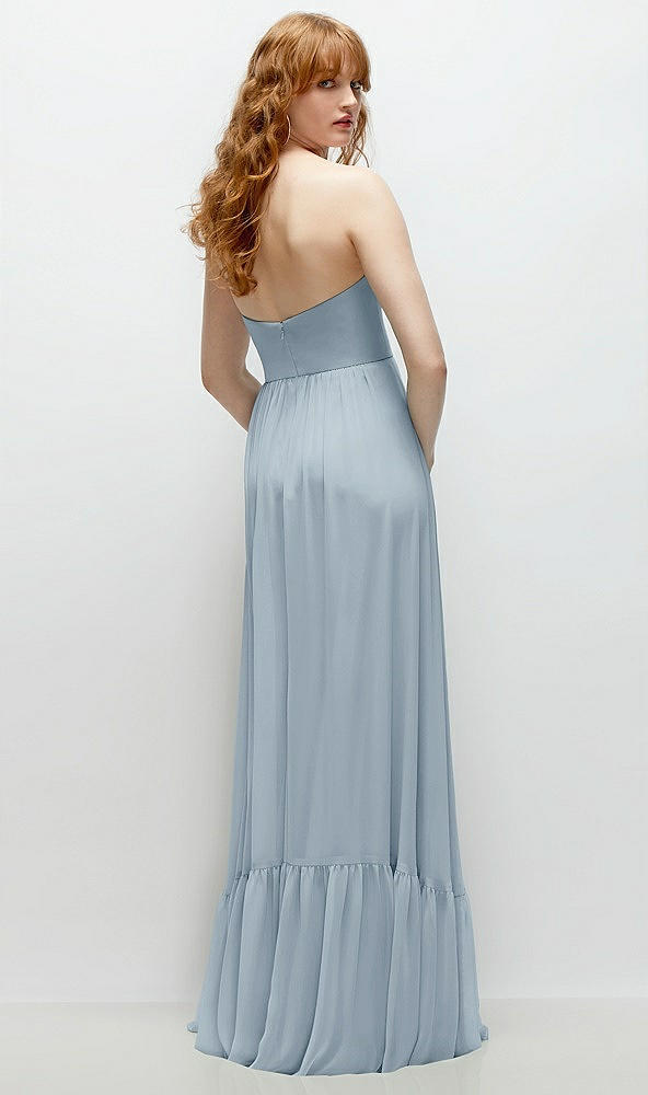 Back View - Mist Strapless Cat-Eye Corset Maxi Dress with Ruffle Hem A-Line Skirt