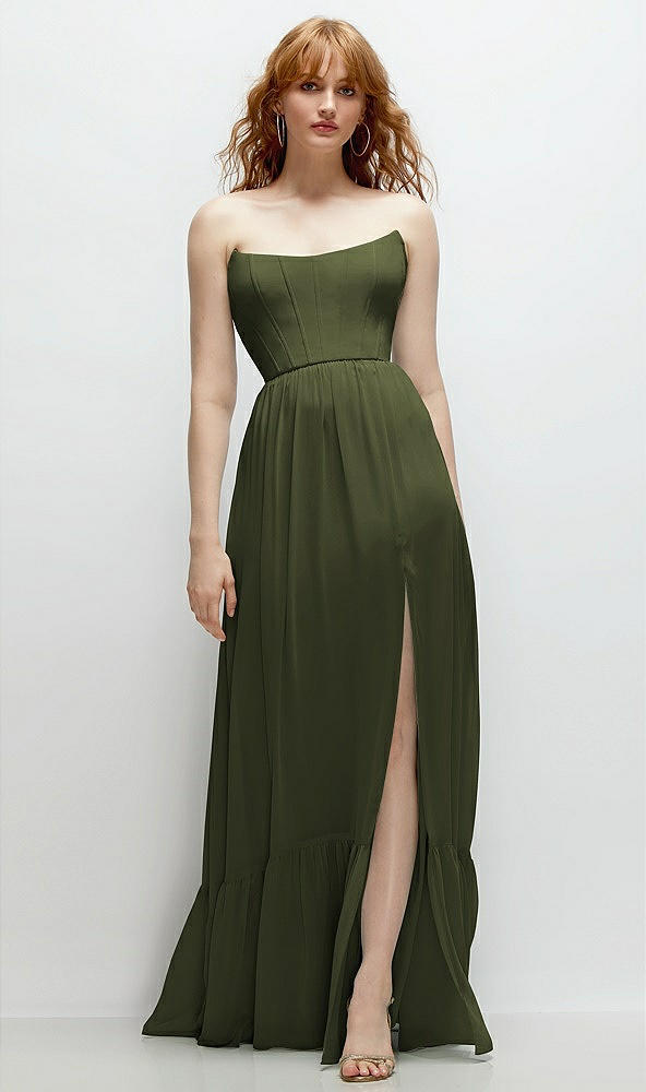 Front View - Olive Green Strapless Cat-Eye Corset Maxi Dress with Ruffle Hem A-Line Skirt