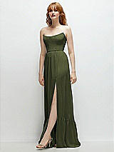 Side View Thumbnail - Olive Green Strapless Cat-Eye Corset Maxi Dress with Ruffle Hem A-Line Skirt