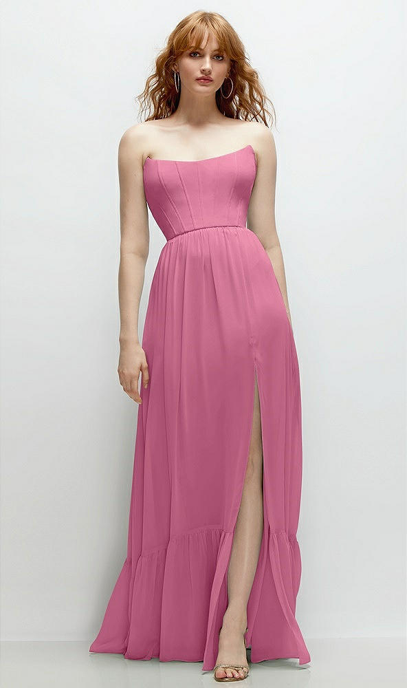 Front View - Orchid Pink Strapless Cat-Eye Corset Maxi Dress with Ruffle Hem A-Line Skirt