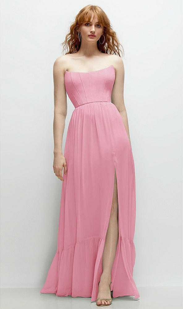 Front View - Peony Pink Strapless Cat-Eye Corset Maxi Dress with Ruffle Hem A-Line Skirt