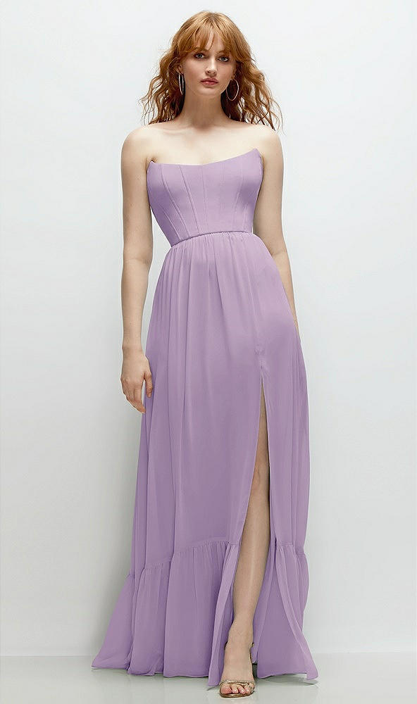 Front View - Pale Purple Strapless Cat-Eye Corset Maxi Dress with Ruffle Hem A-Line Skirt