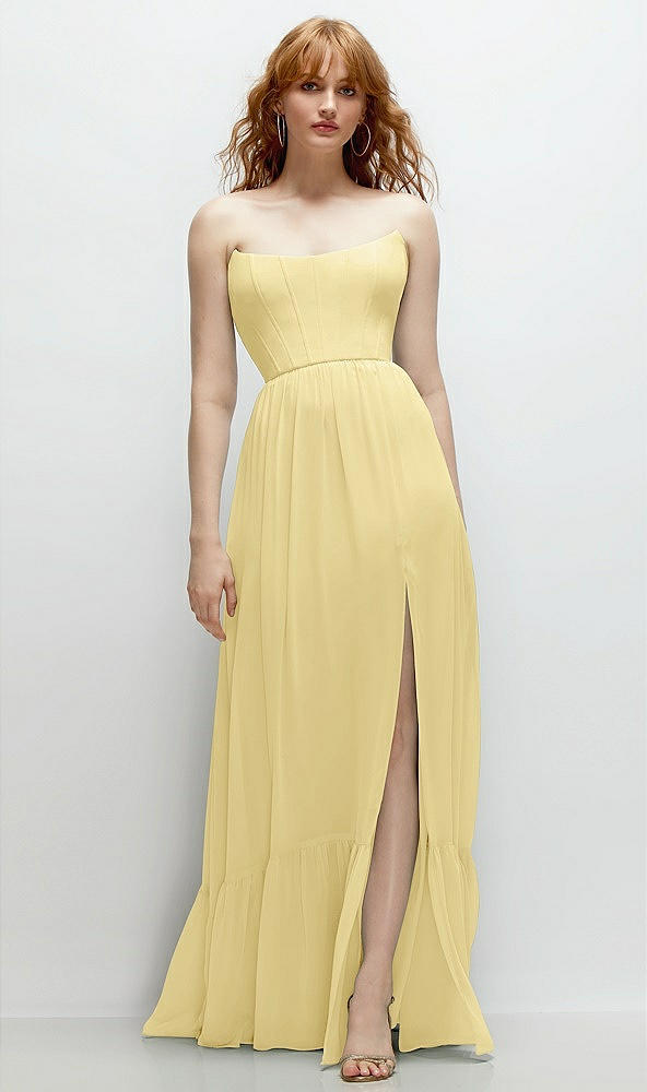 Front View - Pale Yellow Strapless Cat-Eye Corset Maxi Dress with Ruffle Hem A-Line Skirt