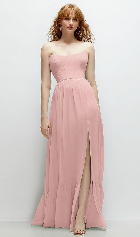 Front View - Rose - PANTONE Rose Quartz Strapless Cat-Eye Corset Maxi Dress with Ruffle Hem A-Line Skirt