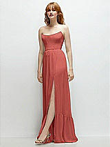 Side View Thumbnail - Coral Pink Strapless Cat-Eye Corset Maxi Dress with Ruffle Hem A-Line Skirt