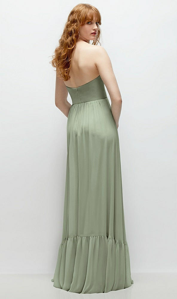 Back View - Sage Strapless Cat-Eye Corset Maxi Dress with Ruffle Hem A-Line Skirt