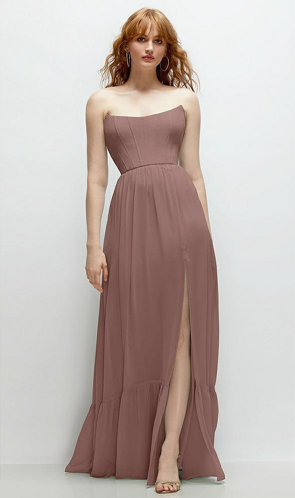 Front View - Sienna Strapless Cat-Eye Corset Maxi Dress with Ruffle Hem A-Line Skirt