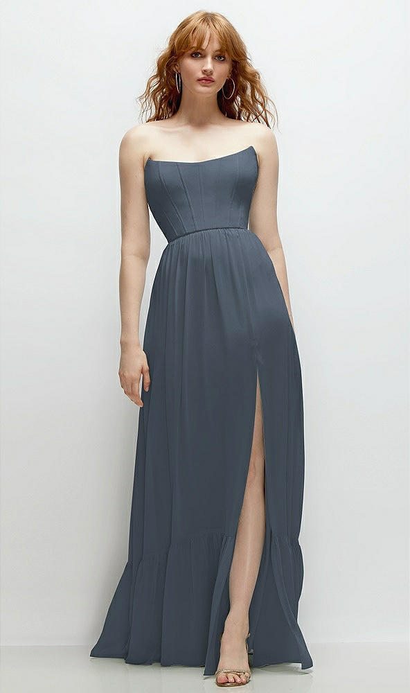 Front View - Silverstone Strapless Cat-Eye Corset Maxi Dress with Ruffle Hem A-Line Skirt