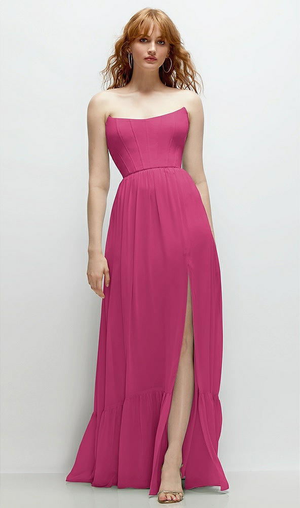 Front View - Tea Rose Strapless Cat-Eye Corset Maxi Dress with Ruffle Hem A-Line Skirt