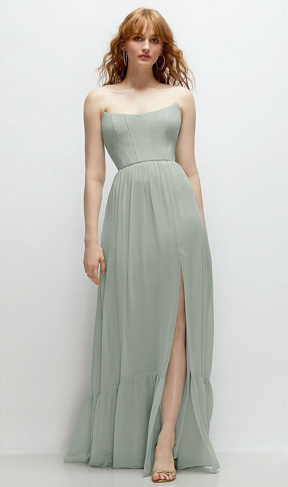 Front View - Willow Green Strapless Cat-Eye Corset Maxi Dress with Ruffle Hem A-Line Skirt