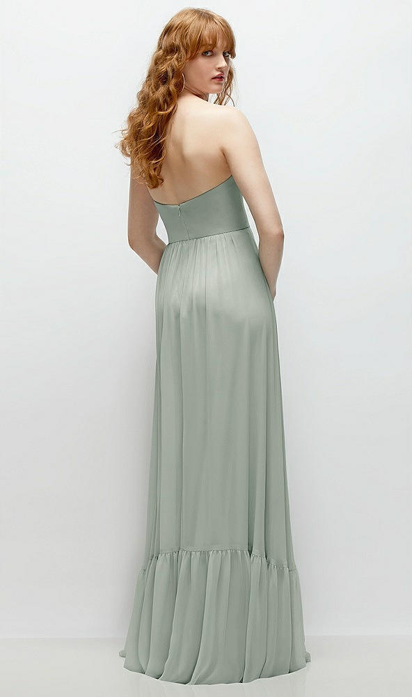 Back View - Willow Green Strapless Cat-Eye Corset Maxi Dress with Ruffle Hem A-Line Skirt