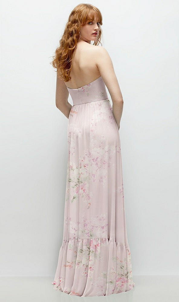 Back View - Watercolor Print Strapless Cat-Eye Corset Maxi Dress with Ruffle Hem A-Line Skirt