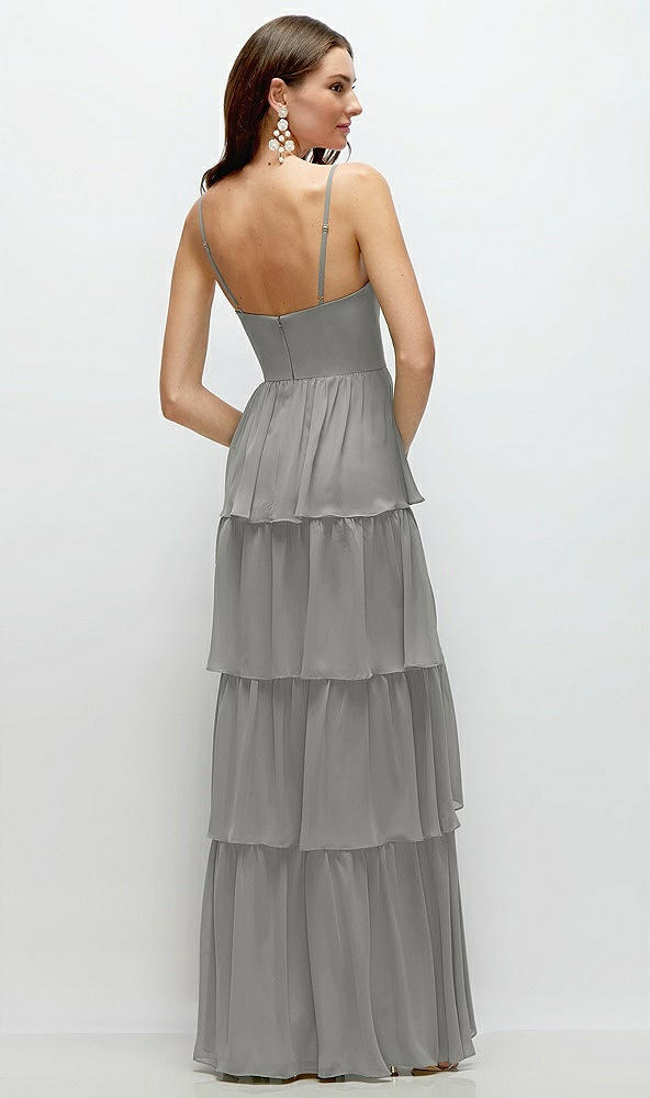 Back View - Chelsea Gray Bustier-Style Chiffon Tiered Ruffle Maxi Dress with Adjustable Straps