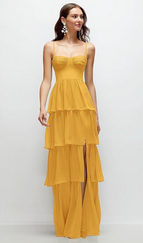 Front View - NYC Yellow Bustier-Style Chiffon Tiered Ruffle Maxi Dress with Adjustable Straps