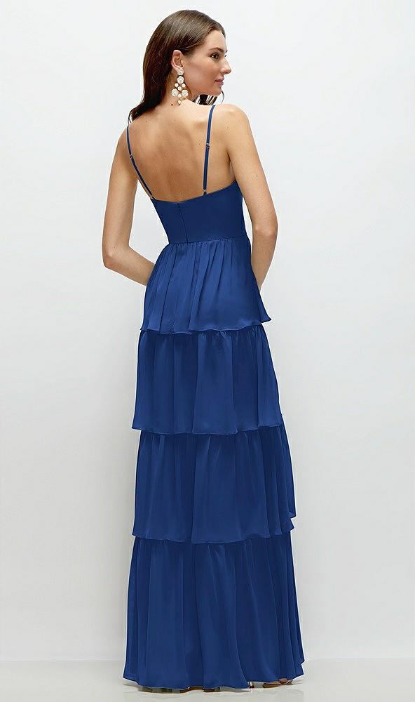 Back View - Classic Blue Bustier-Style Chiffon Tiered Ruffle Maxi Dress with Adjustable Straps