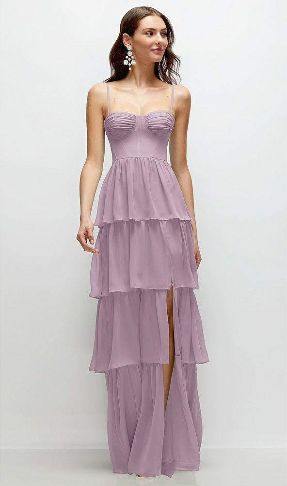 Front View - Suede Rose Bustier-Style Chiffon Tiered Ruffle Maxi Dress with Adjustable Straps