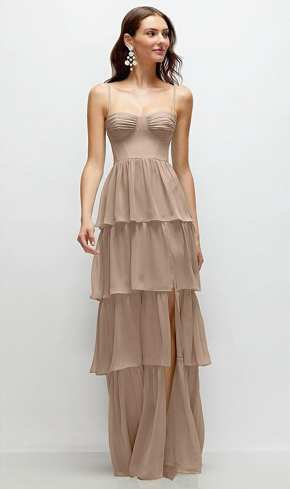 Front View - Topaz Bustier-Style Chiffon Tiered Ruffle Maxi Dress with Adjustable Straps