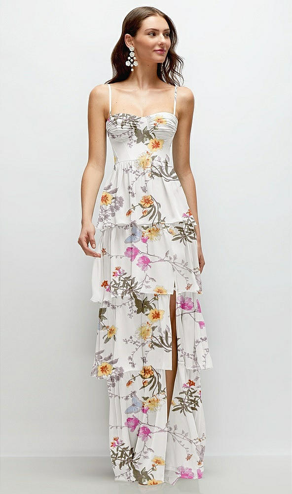 Front View - Butterfly Botanica Ivory Bustier-Style Chiffon Tiered Ruffle Maxi Dress with Adjustable Straps