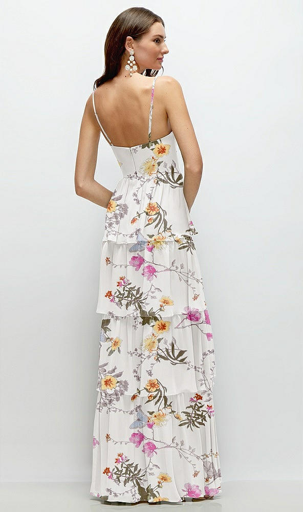 Back View - Butterfly Botanica Ivory Bustier-Style Chiffon Tiered Ruffle Maxi Dress with Adjustable Straps