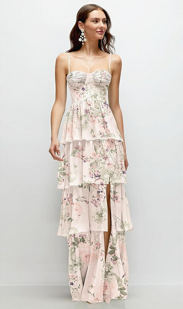 Front View - Blush Garden Bustier-Style Chiffon Tiered Ruffle Maxi Dress with Adjustable Straps