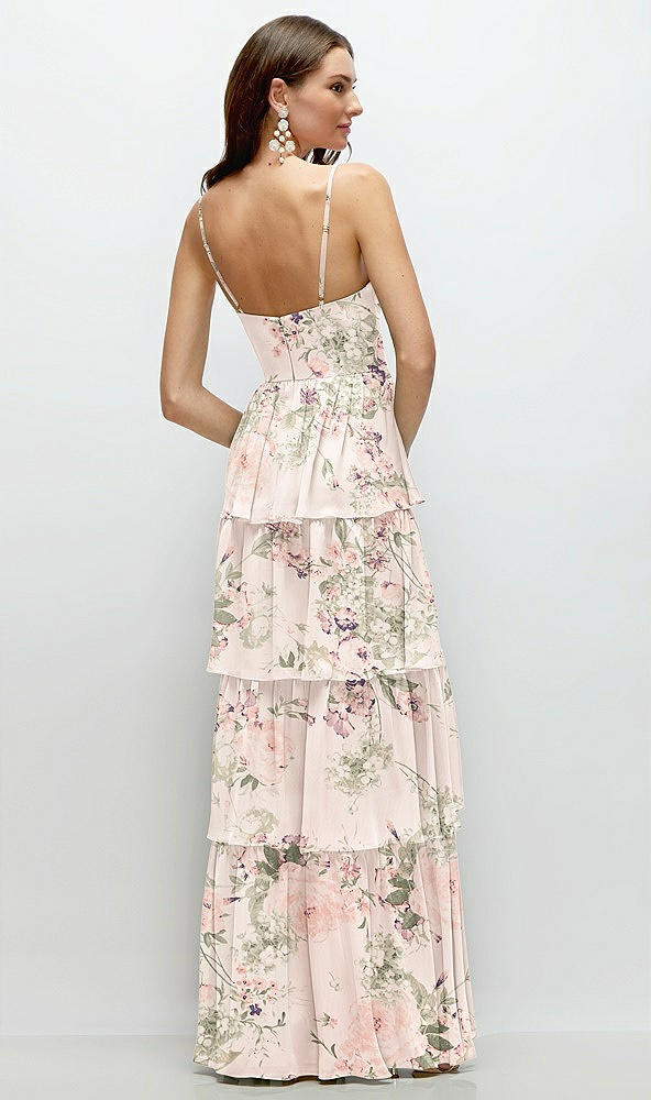 Back View - Blush Garden Bustier-Style Chiffon Tiered Ruffle Maxi Dress with Adjustable Straps