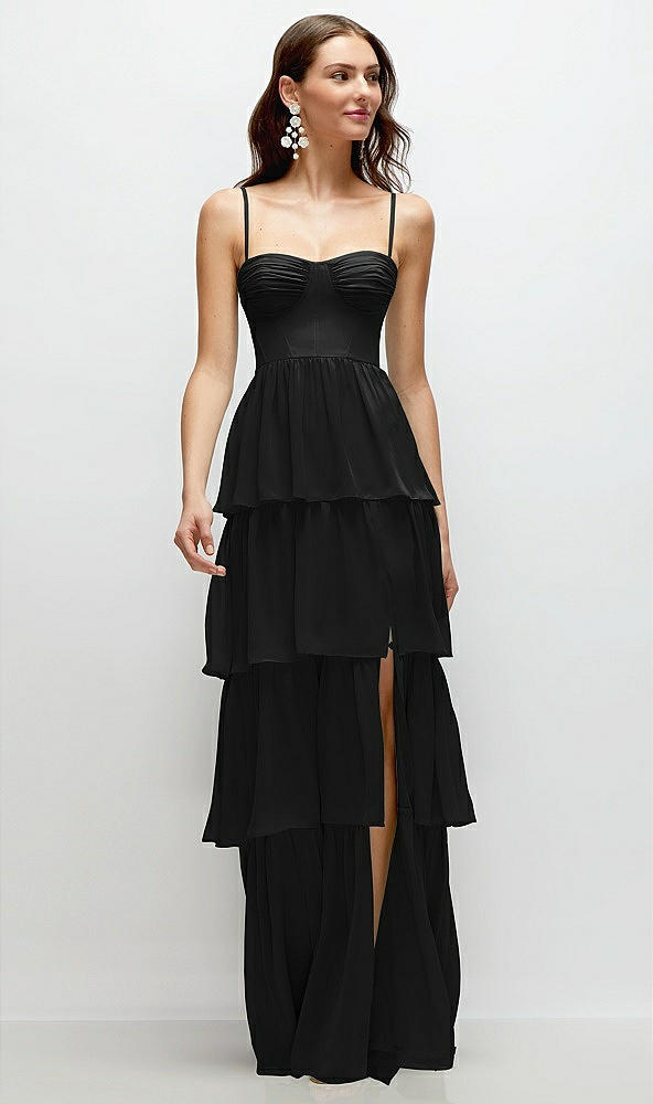 Front View - Black Bustier-Style Chiffon Tiered Ruffle Maxi Dress with Adjustable Straps