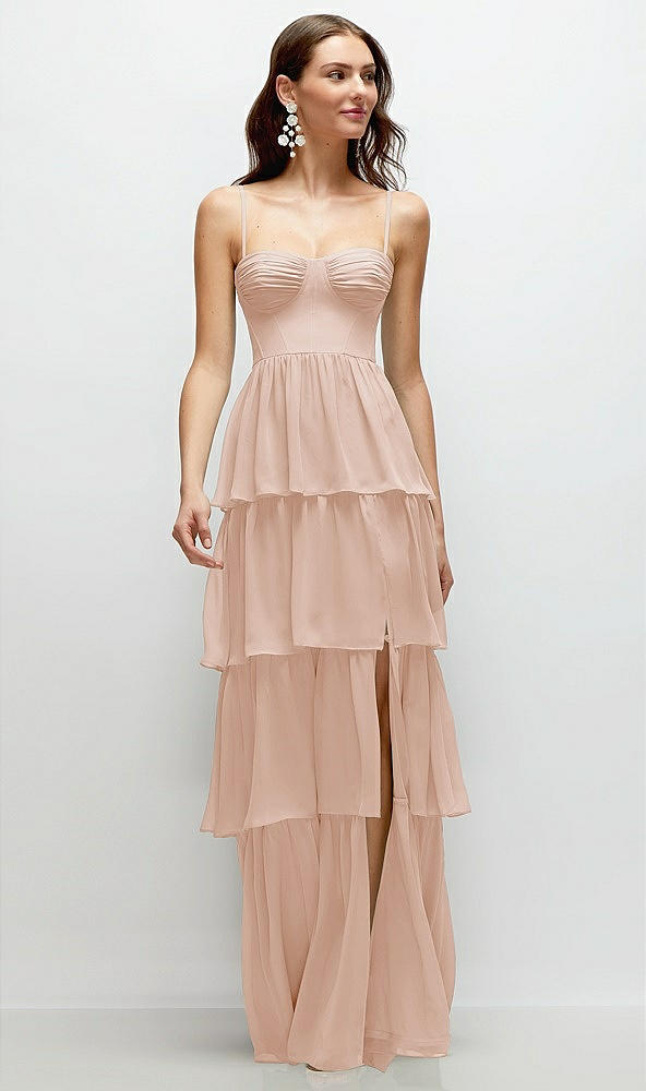 Front View - Cameo Bustier-Style Chiffon Tiered Ruffle Maxi Dress with Adjustable Straps