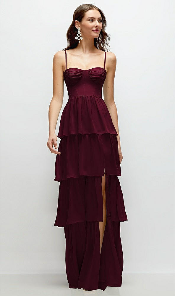 Front View - Cabernet Bustier-Style Chiffon Tiered Ruffle Maxi Dress with Adjustable Straps