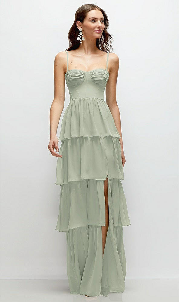 Front View - Celadon Bustier-Style Chiffon Tiered Ruffle Maxi Dress with Adjustable Straps