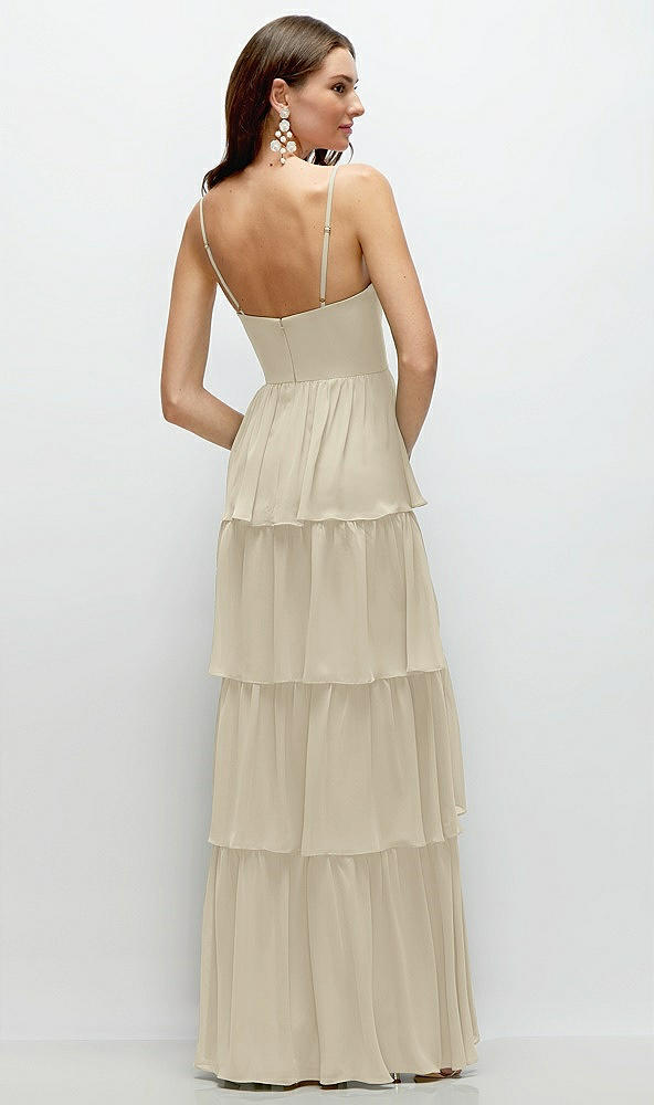 Back View - Champagne Bustier-Style Chiffon Tiered Ruffle Maxi Dress with Adjustable Straps