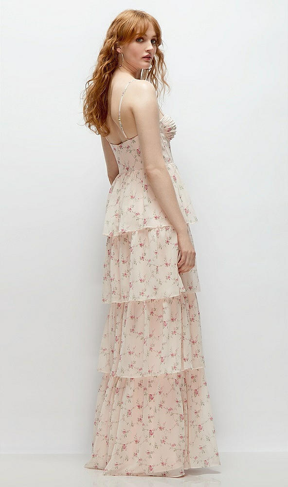 Back View - Coquette Floral Print Bustier-Style Chiffon Tiered Ruffle Maxi Dress with Adjustable Straps