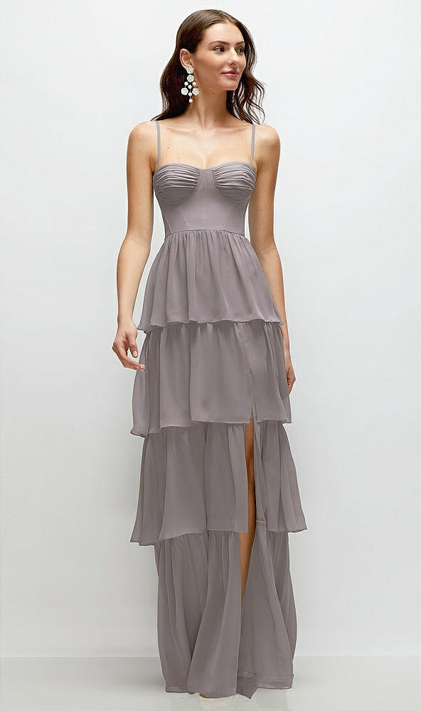 Front View - Cashmere Gray Bustier-Style Chiffon Tiered Ruffle Maxi Dress with Adjustable Straps