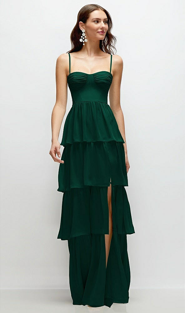 Front View - Hunter Green Bustier-Style Chiffon Tiered Ruffle Maxi Dress with Adjustable Straps