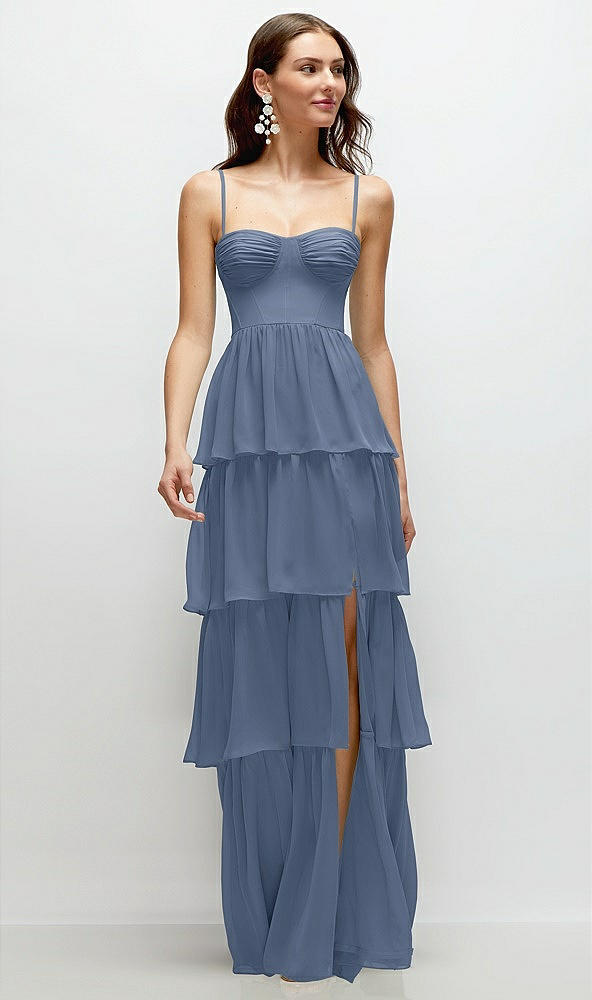 Front View - Larkspur Blue Bustier-Style Chiffon Tiered Ruffle Maxi Dress with Adjustable Straps