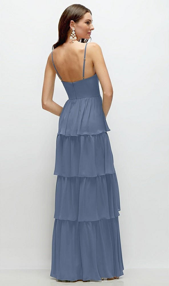 Back View - Larkspur Blue Bustier-Style Chiffon Tiered Ruffle Maxi Dress with Adjustable Straps