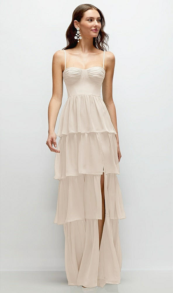 Front View - Oat Bustier-Style Chiffon Tiered Ruffle Maxi Dress with Adjustable Straps