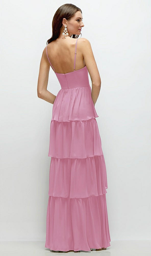 Back View - Powder Pink Bustier-Style Chiffon Tiered Ruffle Maxi Dress with Adjustable Straps