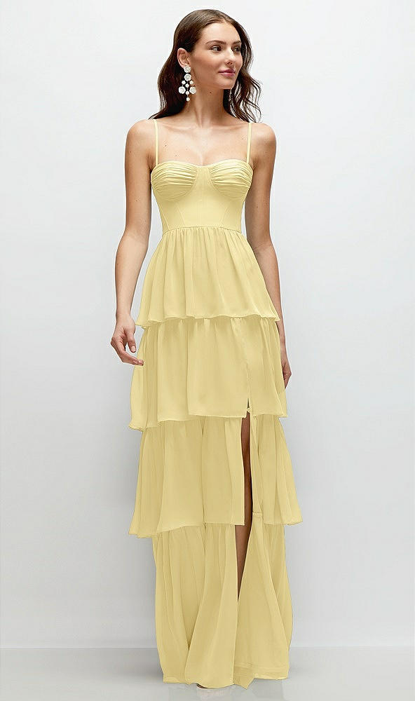 Front View - Pale Yellow Bustier-Style Chiffon Tiered Ruffle Maxi Dress with Adjustable Straps