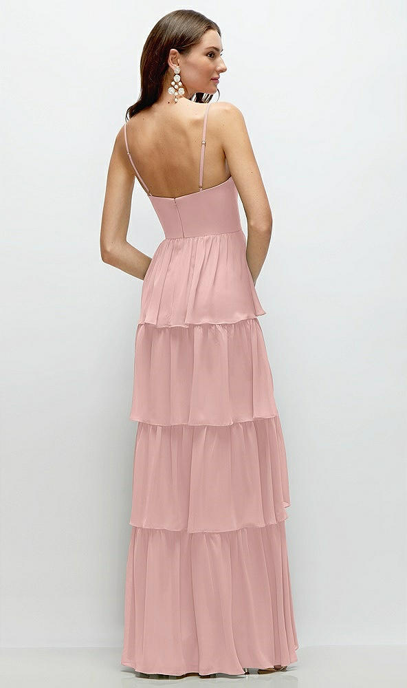 Back View - Rose - PANTONE Rose Quartz Bustier-Style Chiffon Tiered Ruffle Maxi Dress with Adjustable Straps