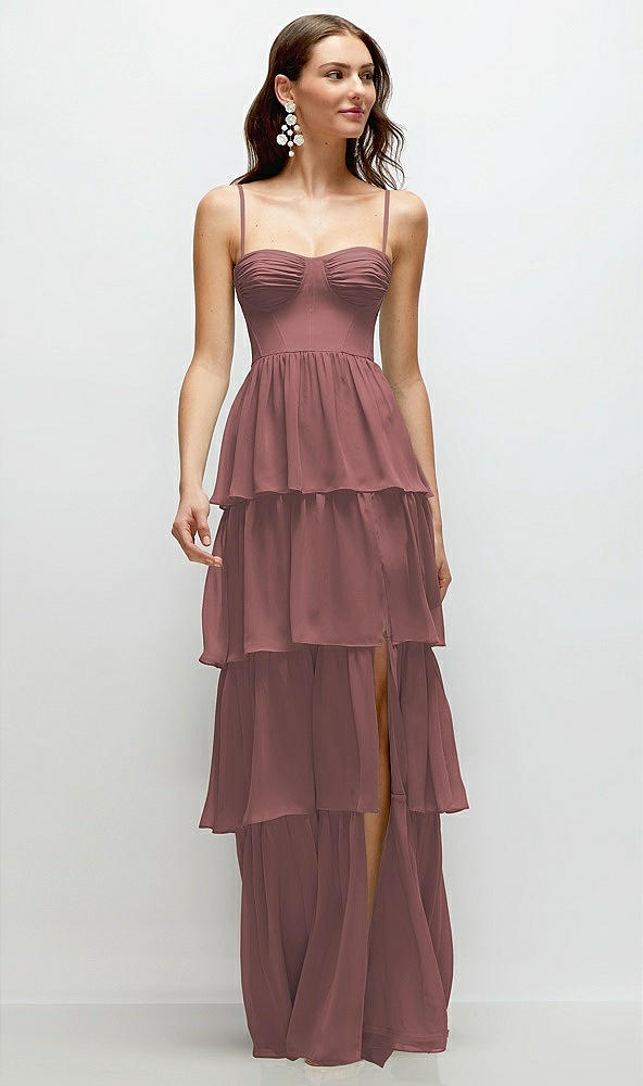 Front View - Rosewood Bustier-Style Chiffon Tiered Ruffle Maxi Dress with Adjustable Straps